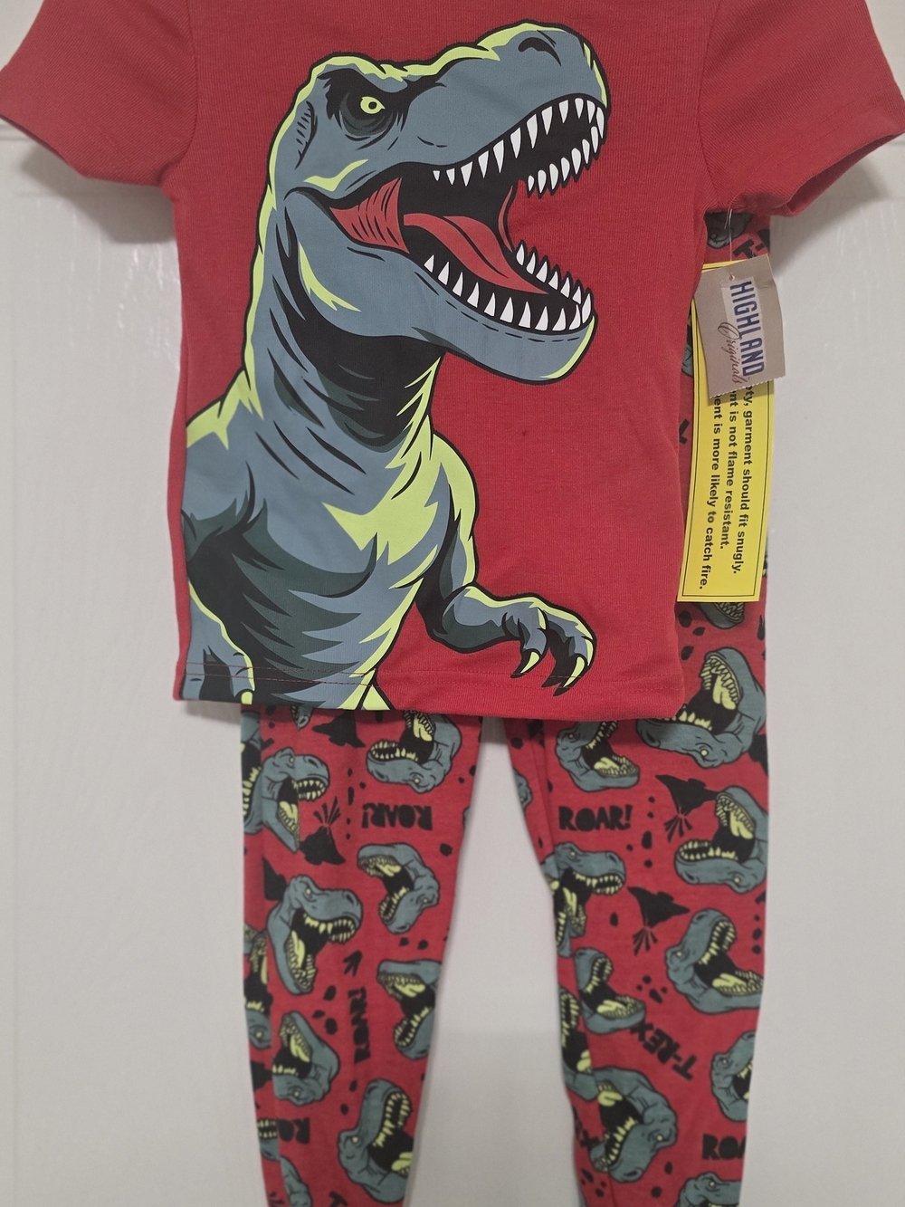 Kids Red Dinosaur Pajama Set with Roaring T-Rex